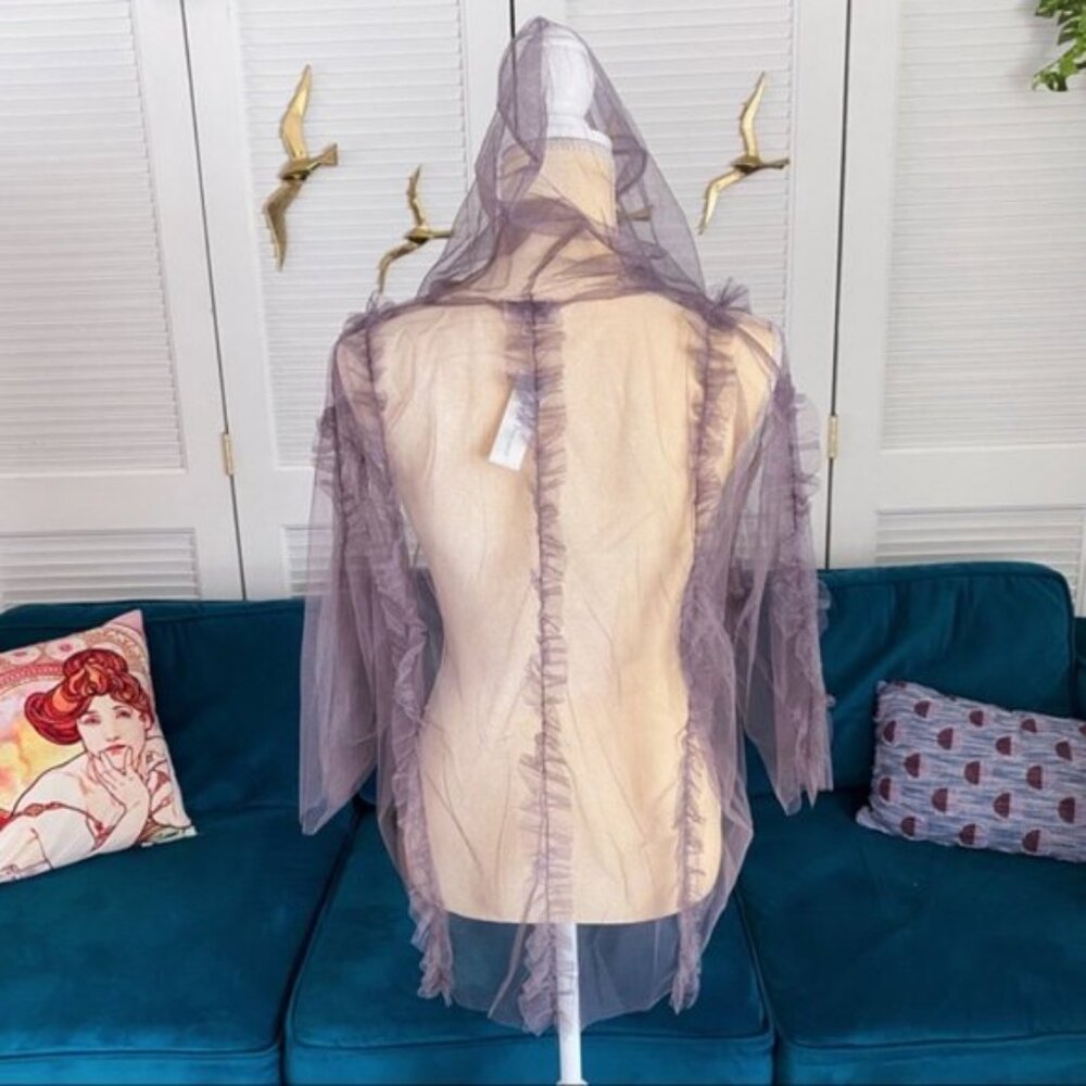 POL | Festival 3/4 Wide Sleeve Sheer Mesh Top Ruffle Hood Tassel Lavender Small - Picture 10 of 15